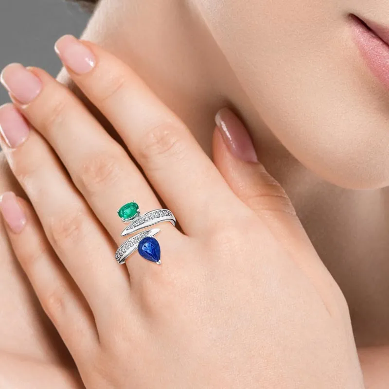 18k Amazonia (cocar) White Gold Ring With 0.29 Cts Vs-Gh Diamonds  And Sapphire And Emerald