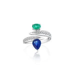 18k Amazonia (cocar) White Gold Ring With 0.29 Cts Vs-Gh Diamonds  And Sapphire And Emerald