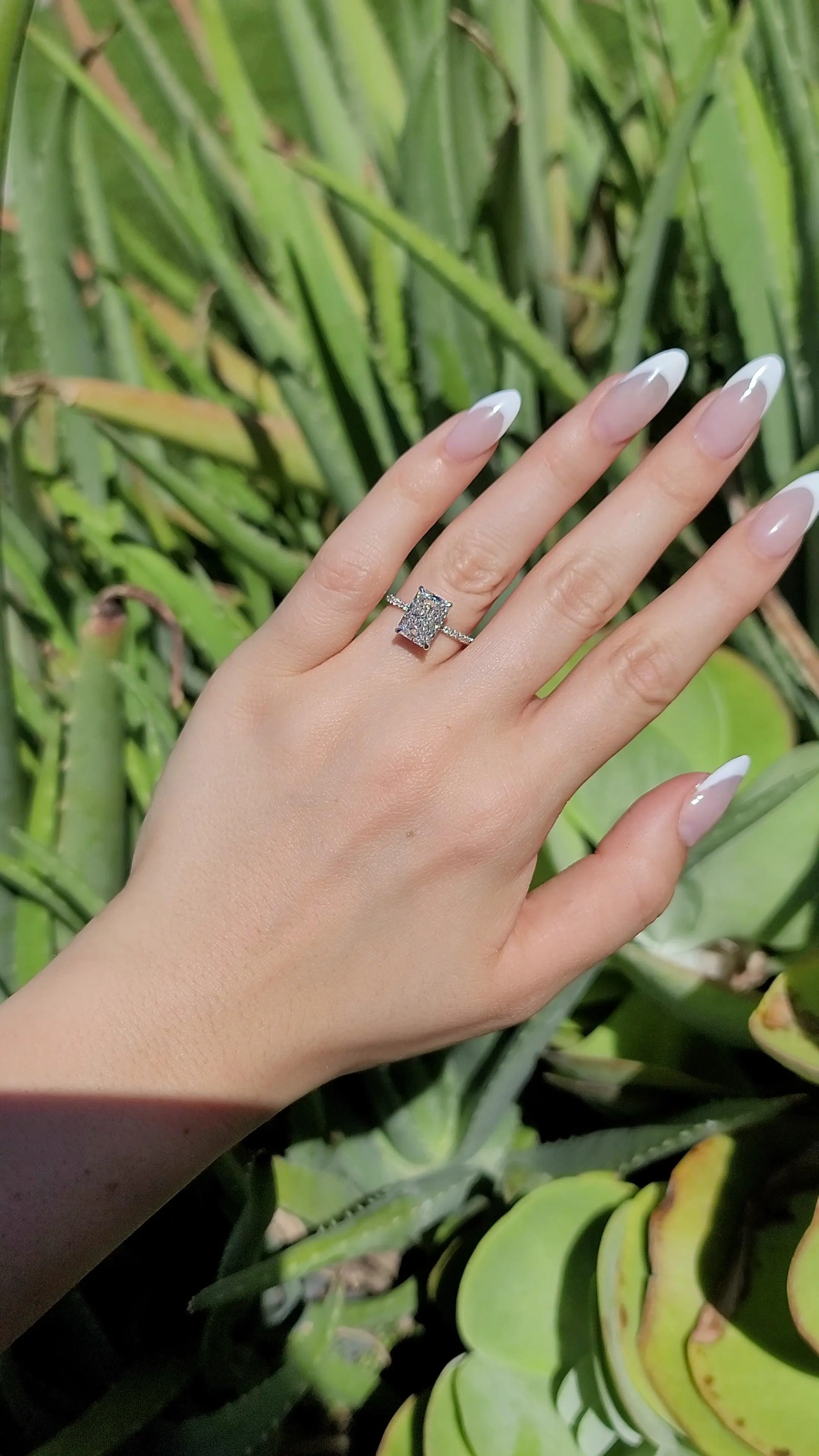 3.54 Carats Lab Grown Radiant Cut Micropaved Side Stones Hidden Halo Diamond Engagement Ring