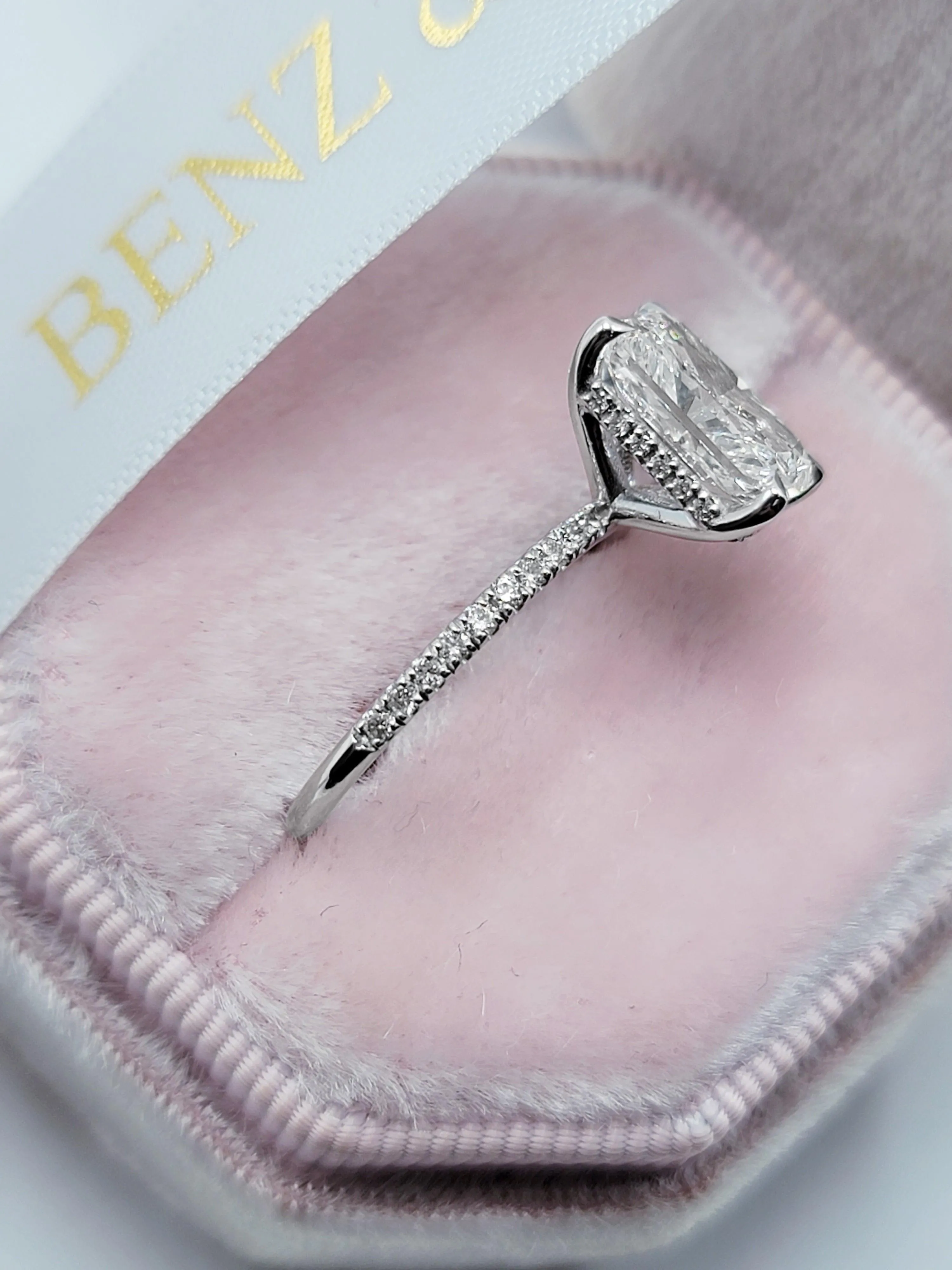 3.54 Carats Lab Grown Radiant Cut Micropaved Side Stones Hidden Halo Diamond Engagement Ring