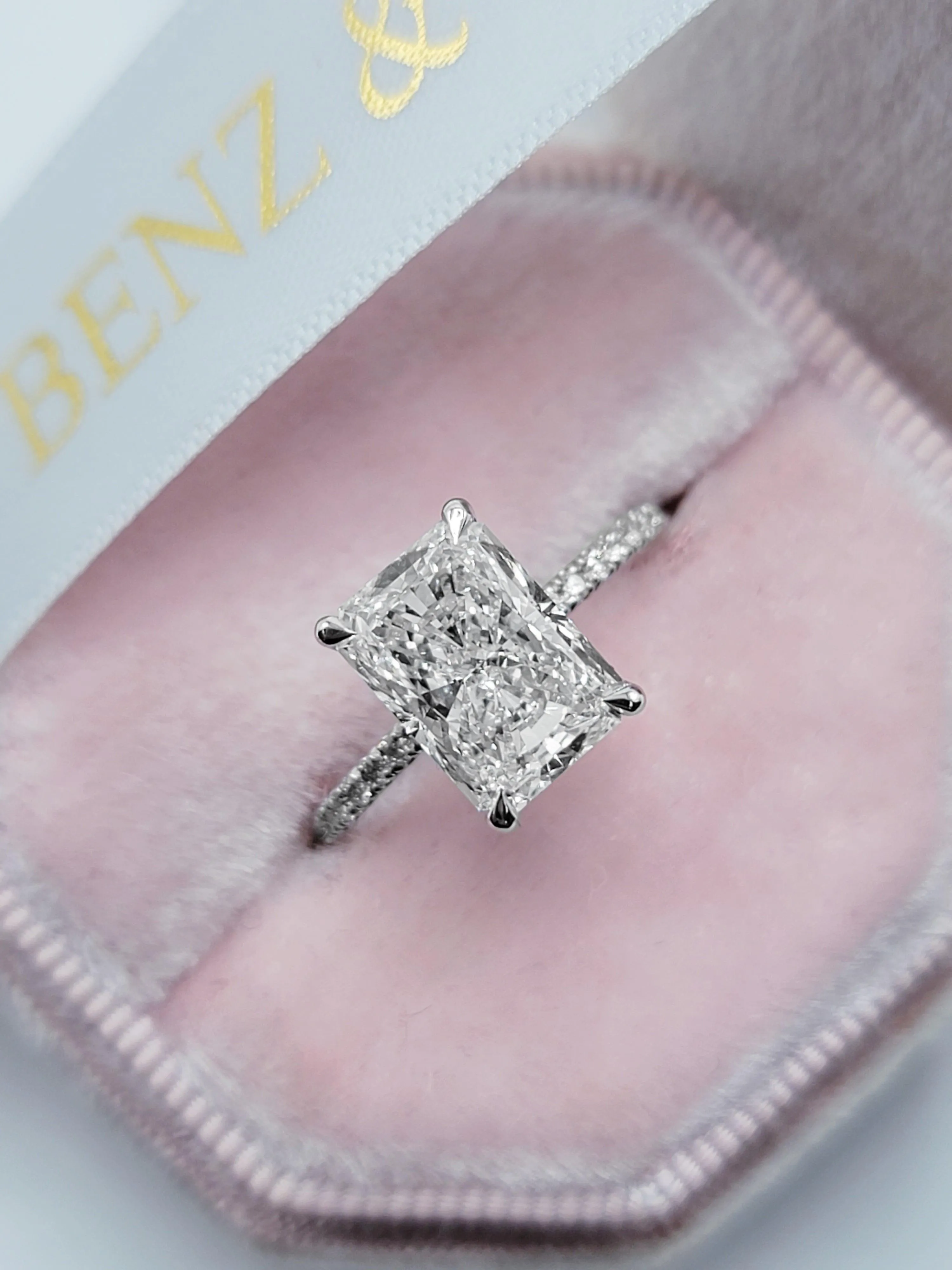 3.54 Carats Lab Grown Radiant Cut Micropaved Side Stones Hidden Halo Diamond Engagement Ring