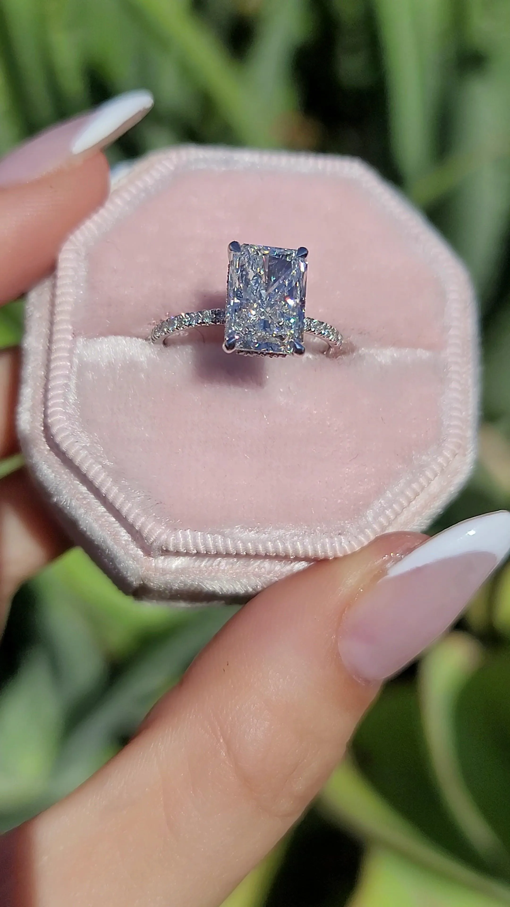 3.54 Carats Lab Grown Radiant Cut Micropaved Side Stones Hidden Halo Diamond Engagement Ring