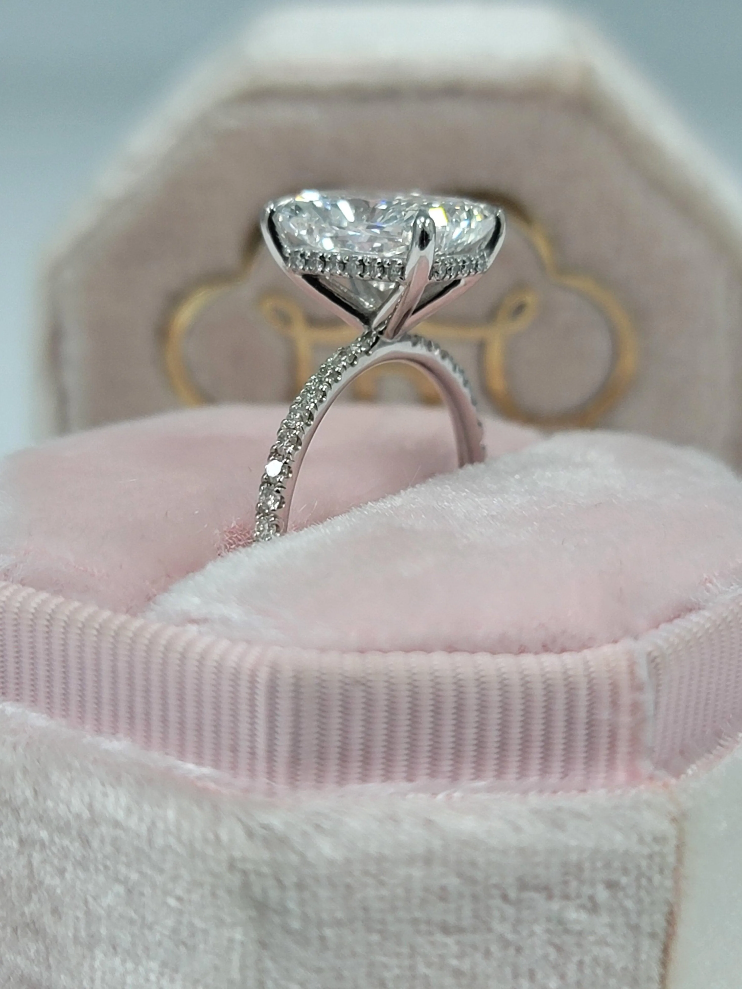3.54 Carats Lab Grown Radiant Cut Micropaved Side Stones Hidden Halo Diamond Engagement Ring