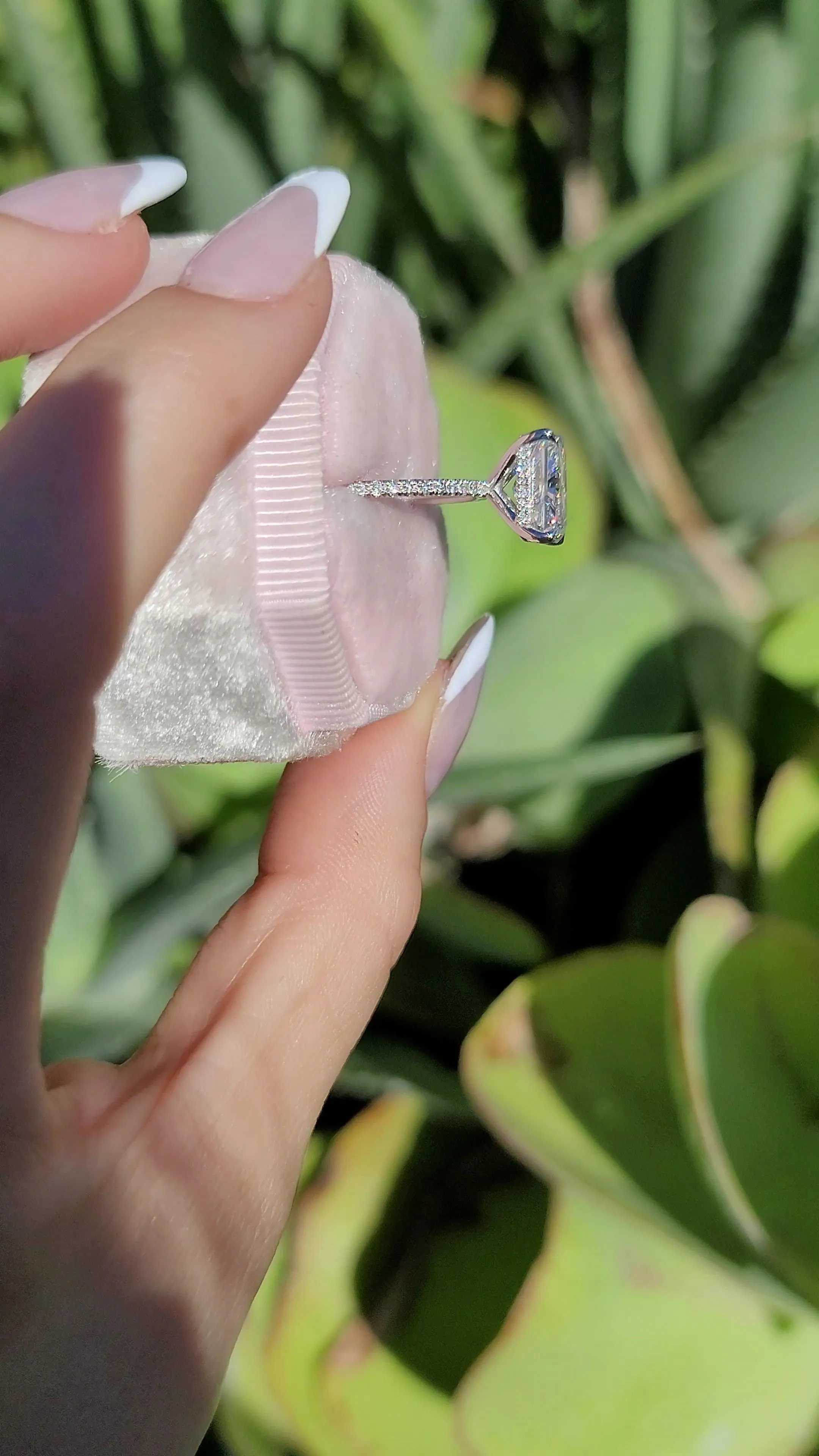 3.54 Carats Lab Grown Radiant Cut Micropaved Side Stones Hidden Halo Diamond Engagement Ring