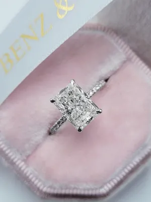 3.54 Carats Lab Grown Radiant Cut Micropaved Side Stones Hidden Halo Diamond Engagement Ring