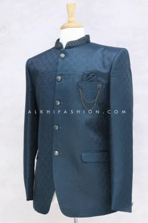 Alluring Petrol Blue Jodhpuri Suit With Handwork