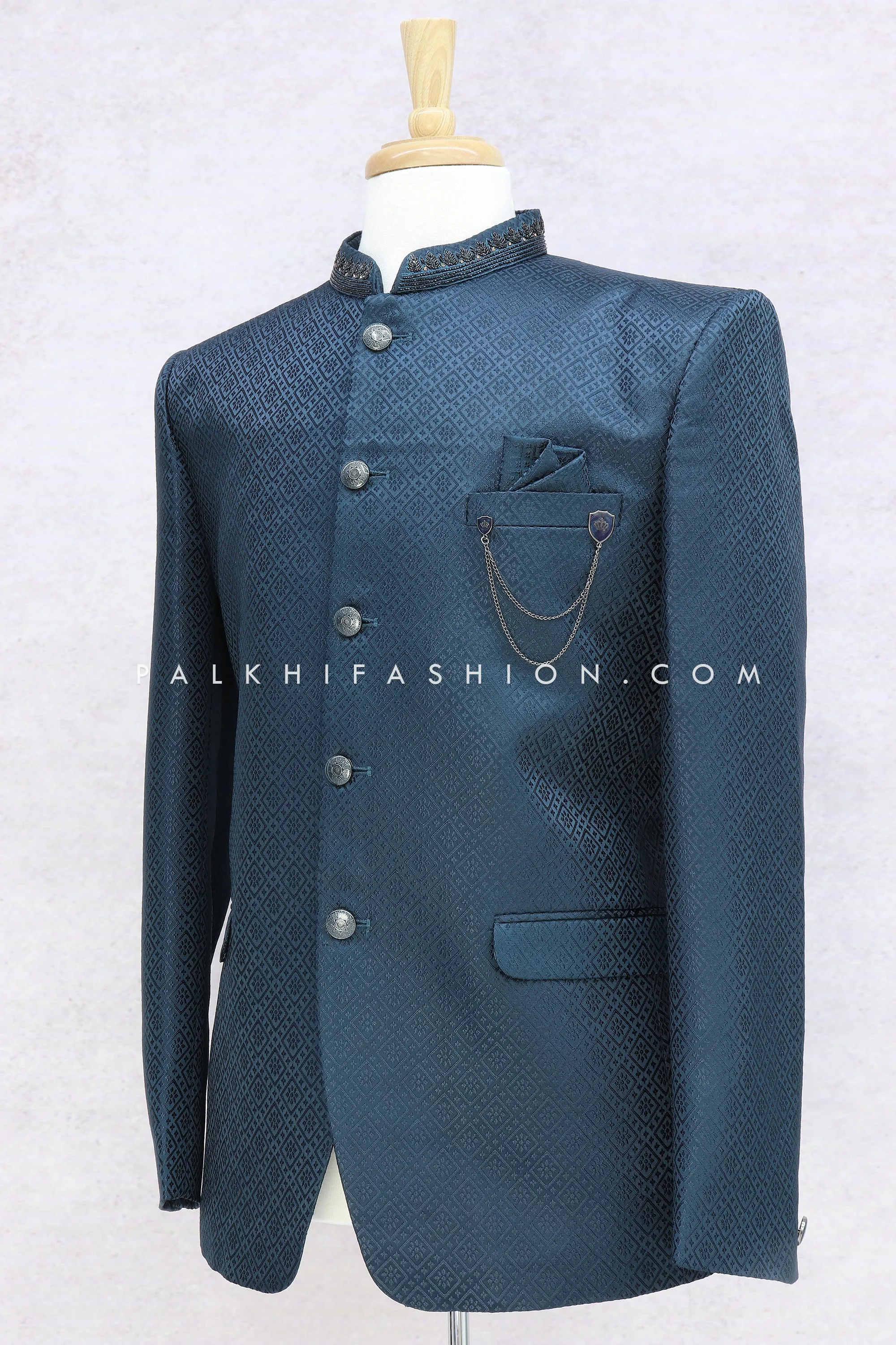 Alluring Petrol Blue Jodhpuri Suit With Handwork