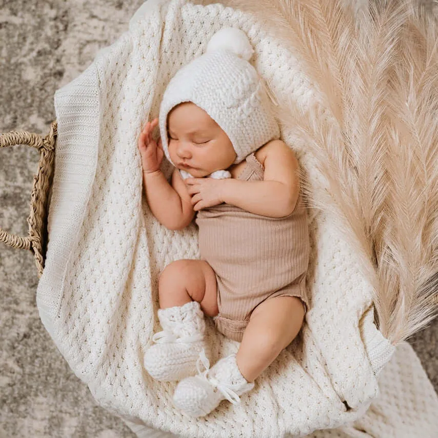 Baby Bonnet   Booties Set - Ivory Merino Wool