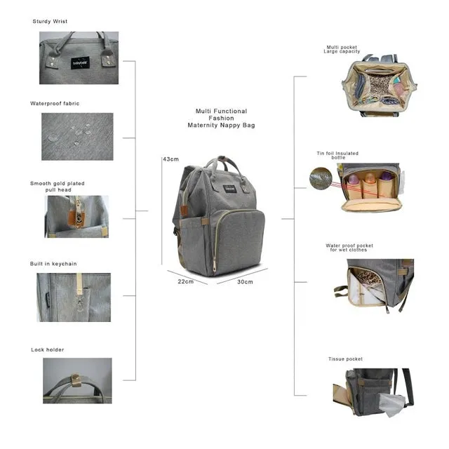Babybee Fashion Maternity Nappy Bag - Jacques Gray