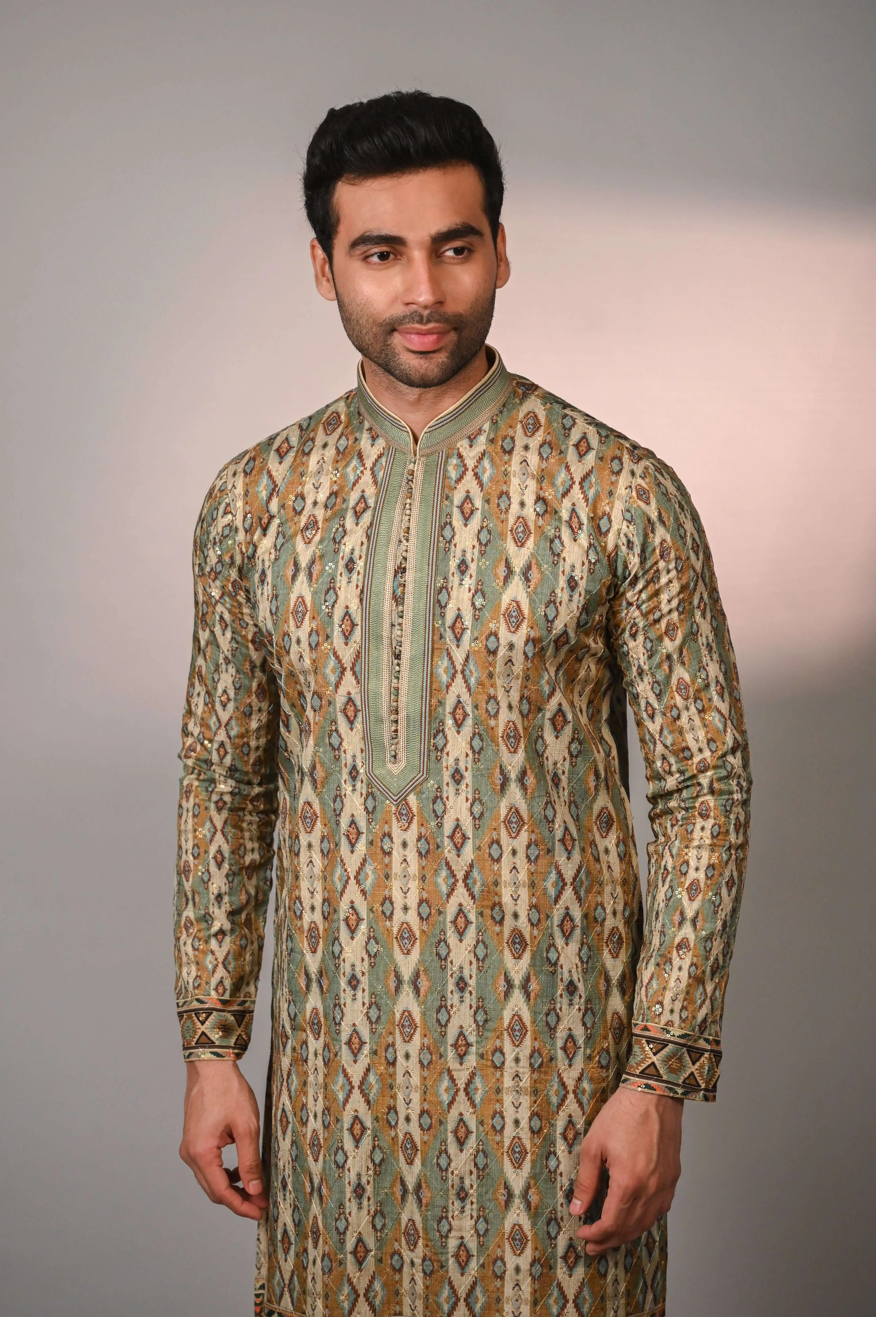 Beige Kurta with Churidar in Printed and Sequence Work