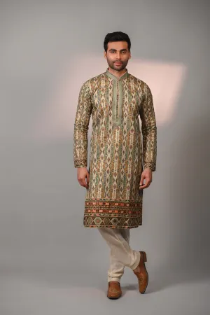 Beige Kurta with Churidar in Printed and Sequence Work