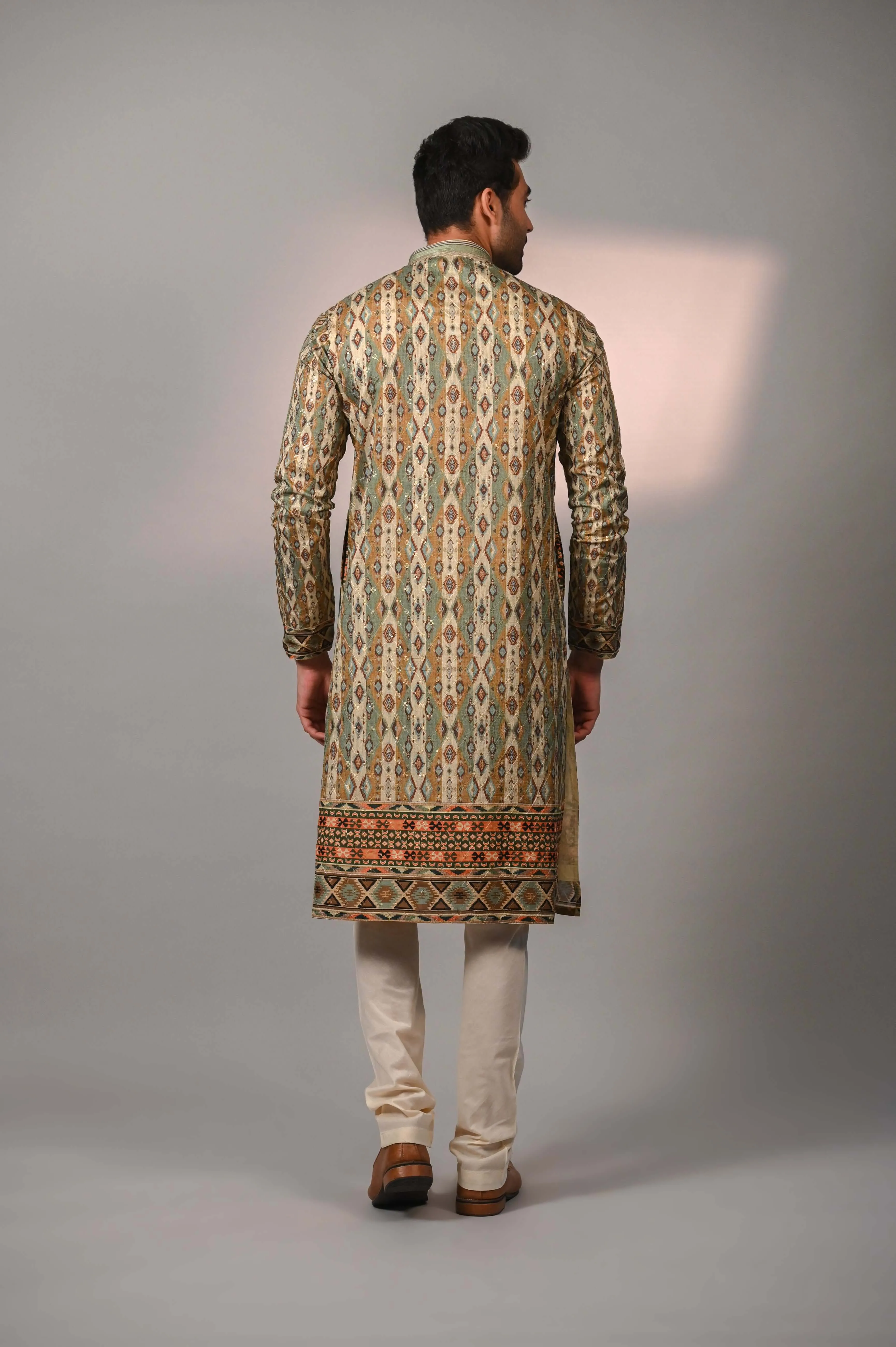 Beige Kurta with Churidar in Printed and Sequence Work