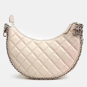 Beige Leather Chain Around Hobo Bag