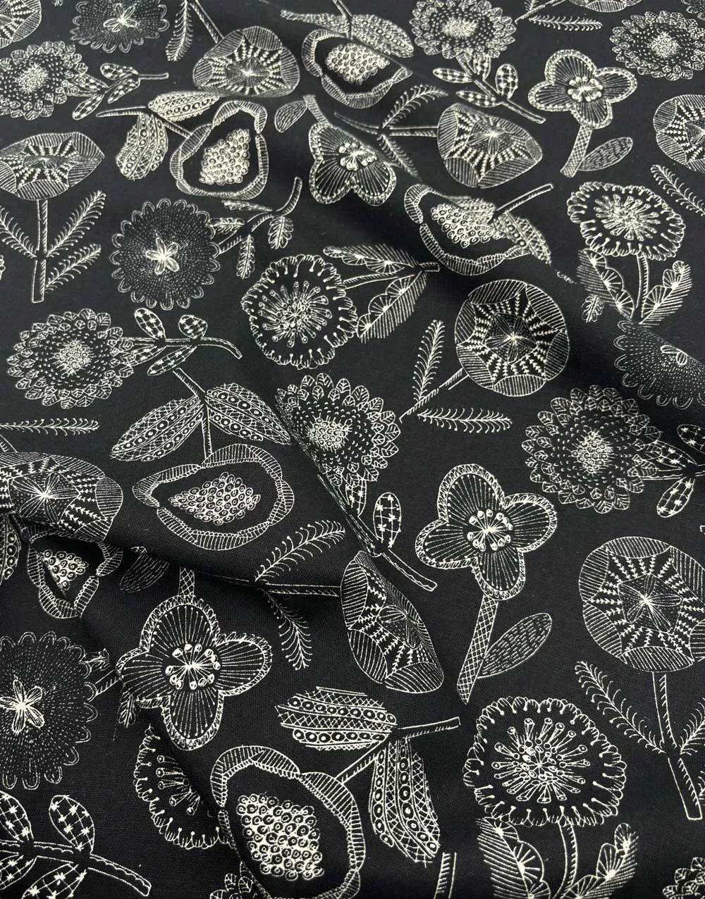 Black Linear Floral Cotton Flax Print Fabric, Sevenberry