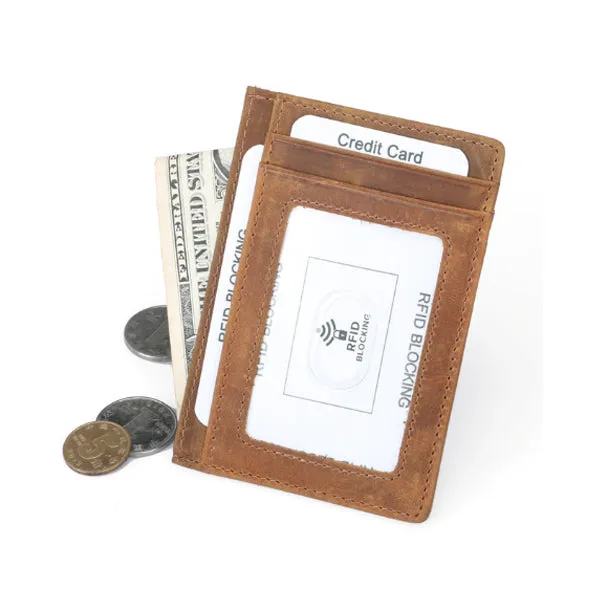 Brown Slim RFID Blocking Card Holder Minimalist Leather Front Pocket Wallet 棕色真牛皮RFID安全防盜信用卡套 CH19045