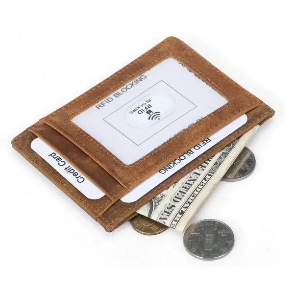 Brown Slim RFID Blocking Card Holder Minimalist Leather Front Pocket Wallet 棕色真牛皮RFID安全防盜信用卡套 CH19045