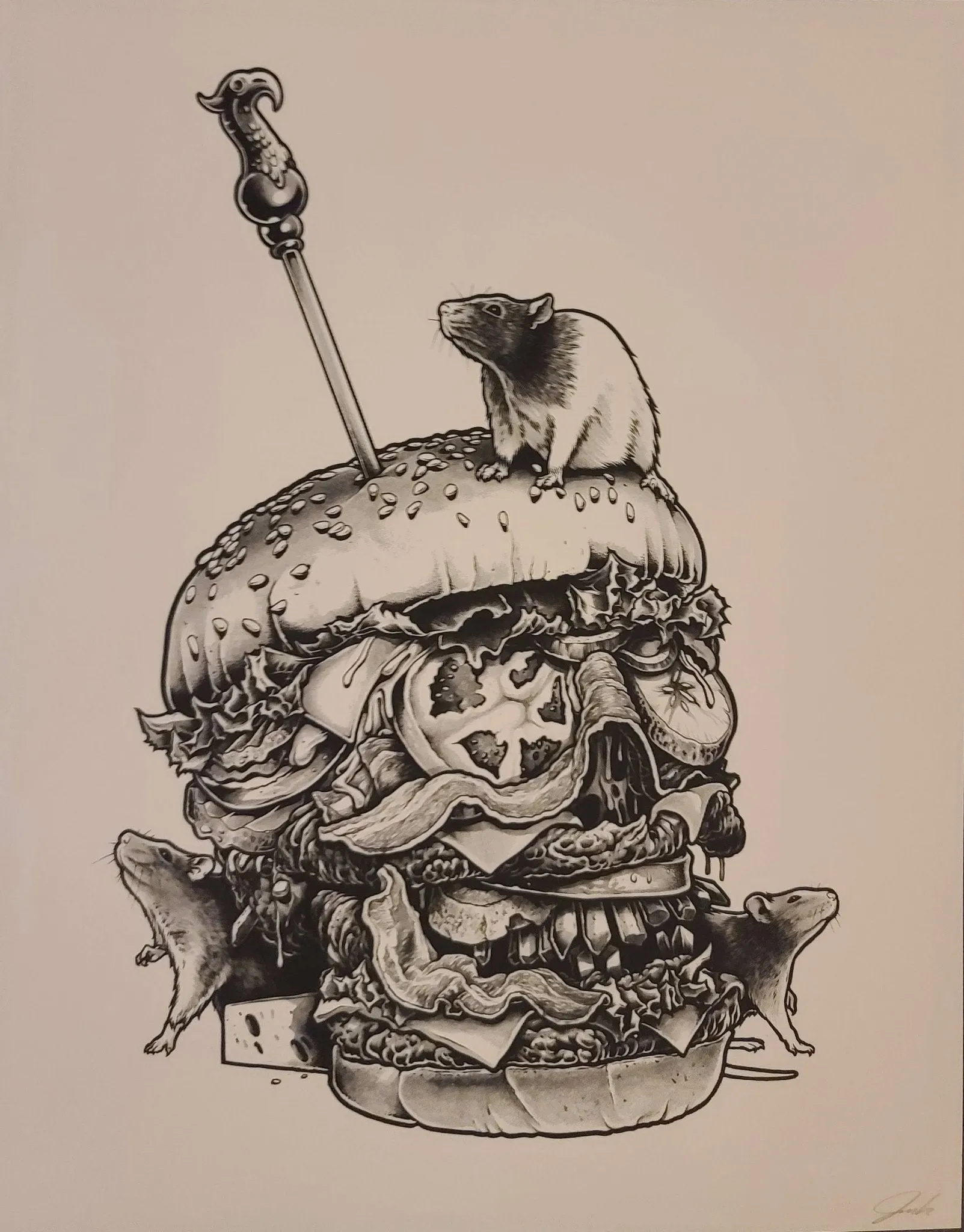 Burger Skull Monochrome Silkscreen Print by Joe King
