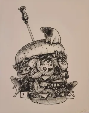 Burger Skull Monochrome Silkscreen Print by Joe King