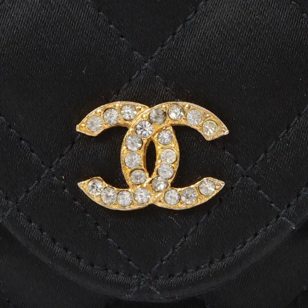 Chanel Around 1985~1990 Made Silk Satin Rhinestone Cc Mark Plate Chain Bag Black