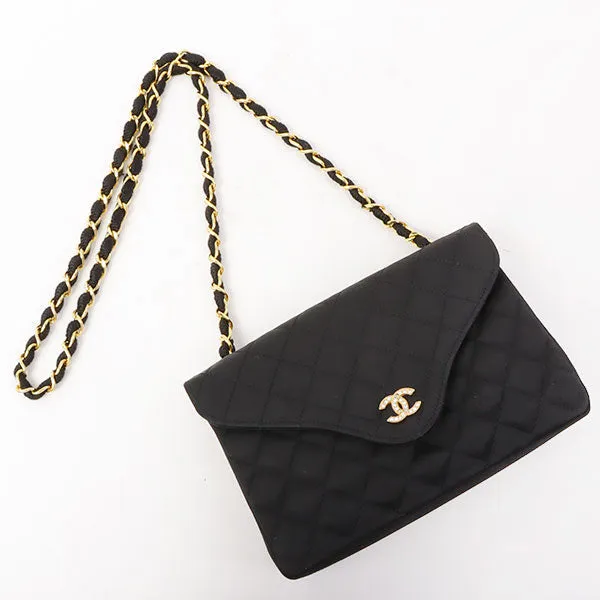 Chanel Around 1985~1990 Made Silk Satin Rhinestone Cc Mark Plate Chain Bag Black
