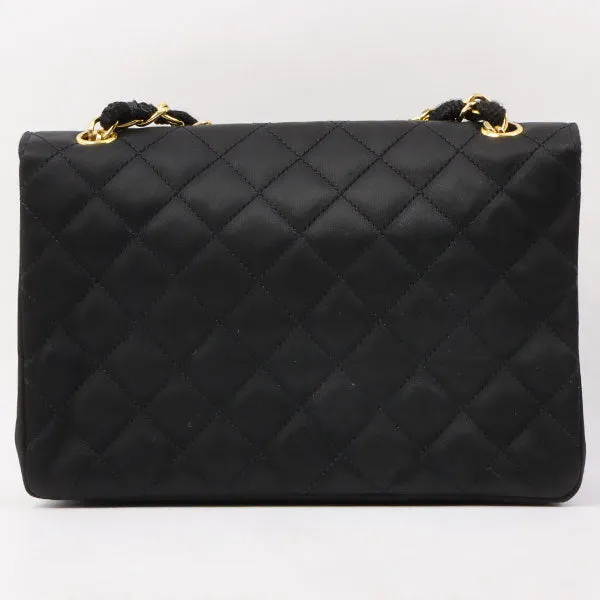 Chanel Around 1985~1990 Made Silk Satin Rhinestone Cc Mark Plate Chain Bag Black