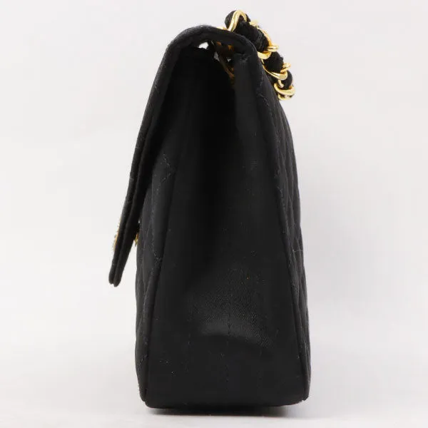 Chanel Around 1985~1990 Made Silk Satin Rhinestone Cc Mark Plate Chain Bag Black