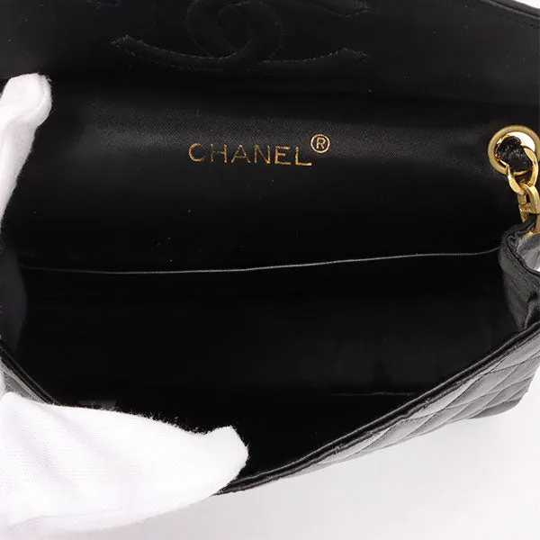 Chanel Around 1985~1990 Made Silk Satin Rhinestone Cc Mark Plate Chain Bag Black