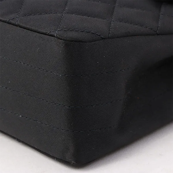 Chanel Around 1985~1990 Made Silk Satin Rhinestone Cc Mark Plate Chain Bag Black