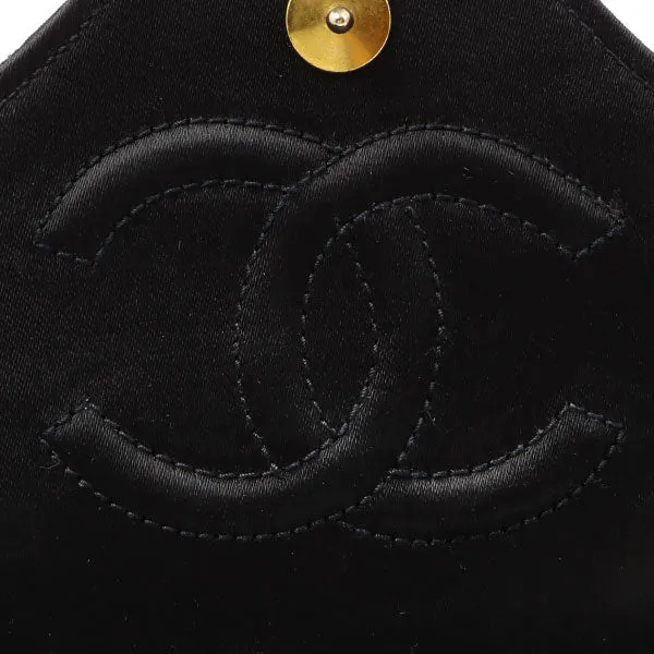 Chanel Around 1985~1990 Made Silk Satin Rhinestone Cc Mark Plate Chain Bag Black