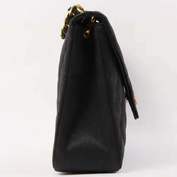 Chanel Around 1985~1990 Made Silk Satin Rhinestone Cc Mark Plate Chain Bag Black