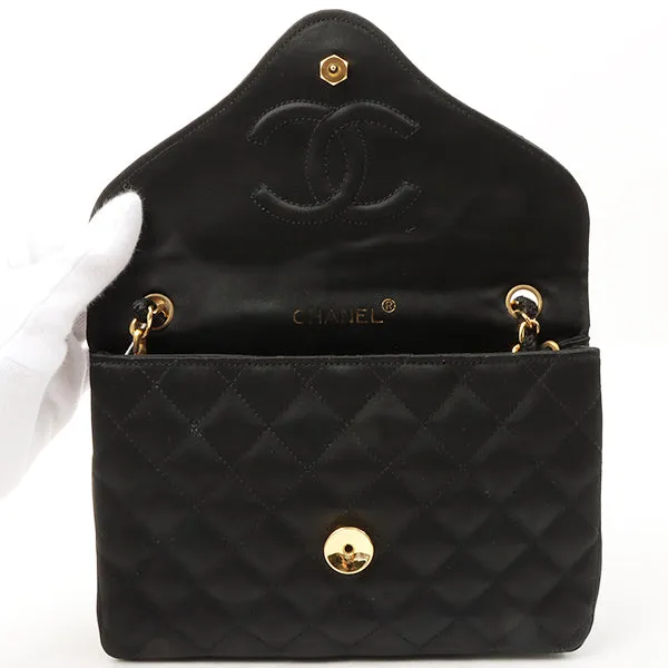 Chanel Around 1985~1990 Made Silk Satin Rhinestone Cc Mark Plate Chain Bag Black