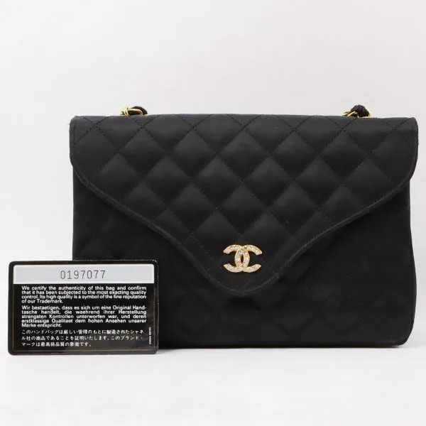 Chanel Around 1985~1990 Made Silk Satin Rhinestone Cc Mark Plate Chain Bag Black