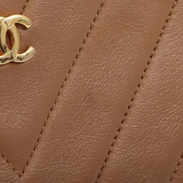 Chanel Around 1990 Made Chevron Cc Mark Plate Metal Clasp Chain Bag Pale Brown