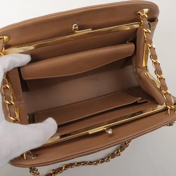 Chanel Around 1990 Made Chevron Cc Mark Plate Metal Clasp Chain Bag Pale Brown