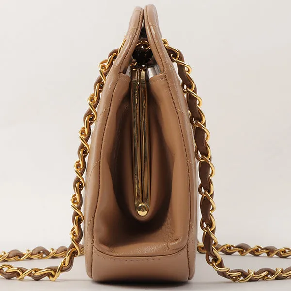 Chanel Around 1990 Made Chevron Cc Mark Plate Metal Clasp Chain Bag Pale Brown