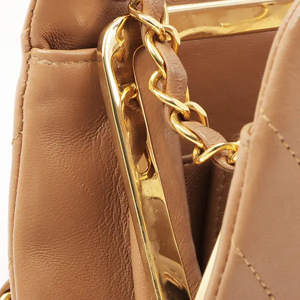 Chanel Around 1990 Made Chevron Cc Mark Plate Metal Clasp Chain Bag Pale Brown
