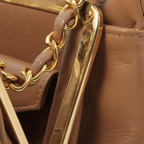 Chanel Around 1990 Made Chevron Cc Mark Plate Metal Clasp Chain Bag Pale Brown
