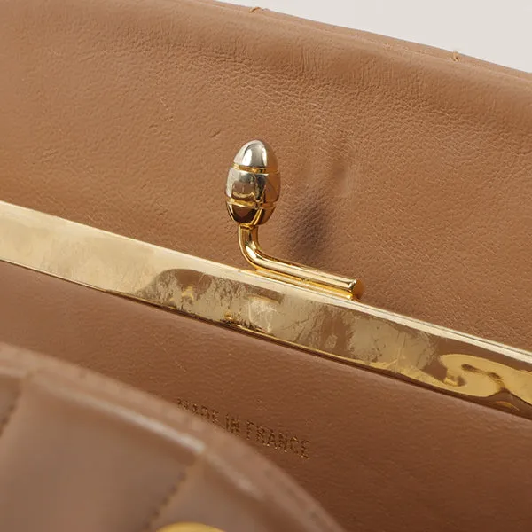 Chanel Around 1990 Made Chevron Cc Mark Plate Metal Clasp Chain Bag Pale Brown