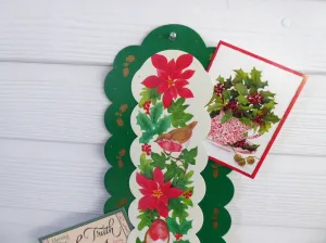 Christmas Card Holder Long Card Display English Robins Poinsettias Holly 1970s