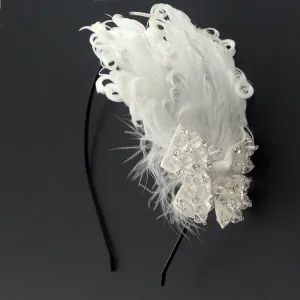 Curly White Feather with Bejeweled Bow Hairband Adjustable Removable