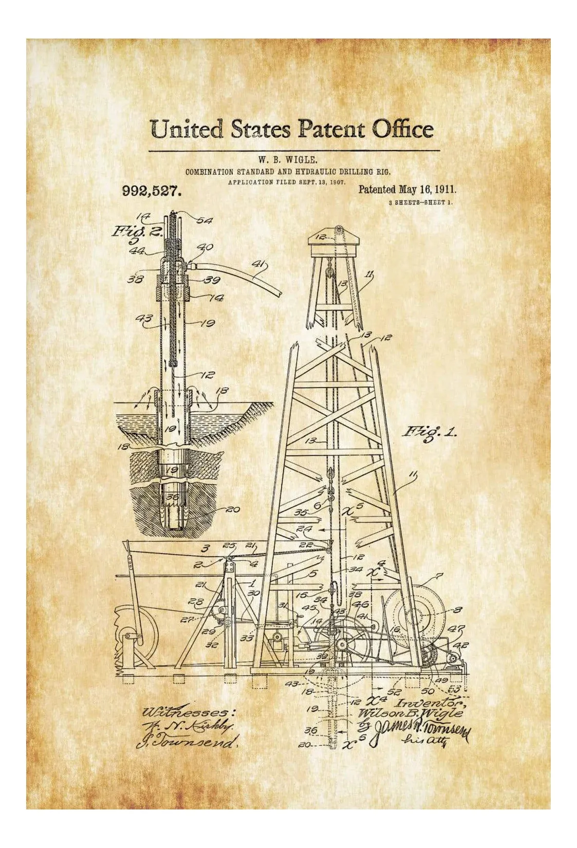 Drilling Rig Patent 1911 - Patent Print, Office Decor, Industrial Decor, Tool Art, Hydraulic Drilling Rig, Oil Rig, Drilling Rig