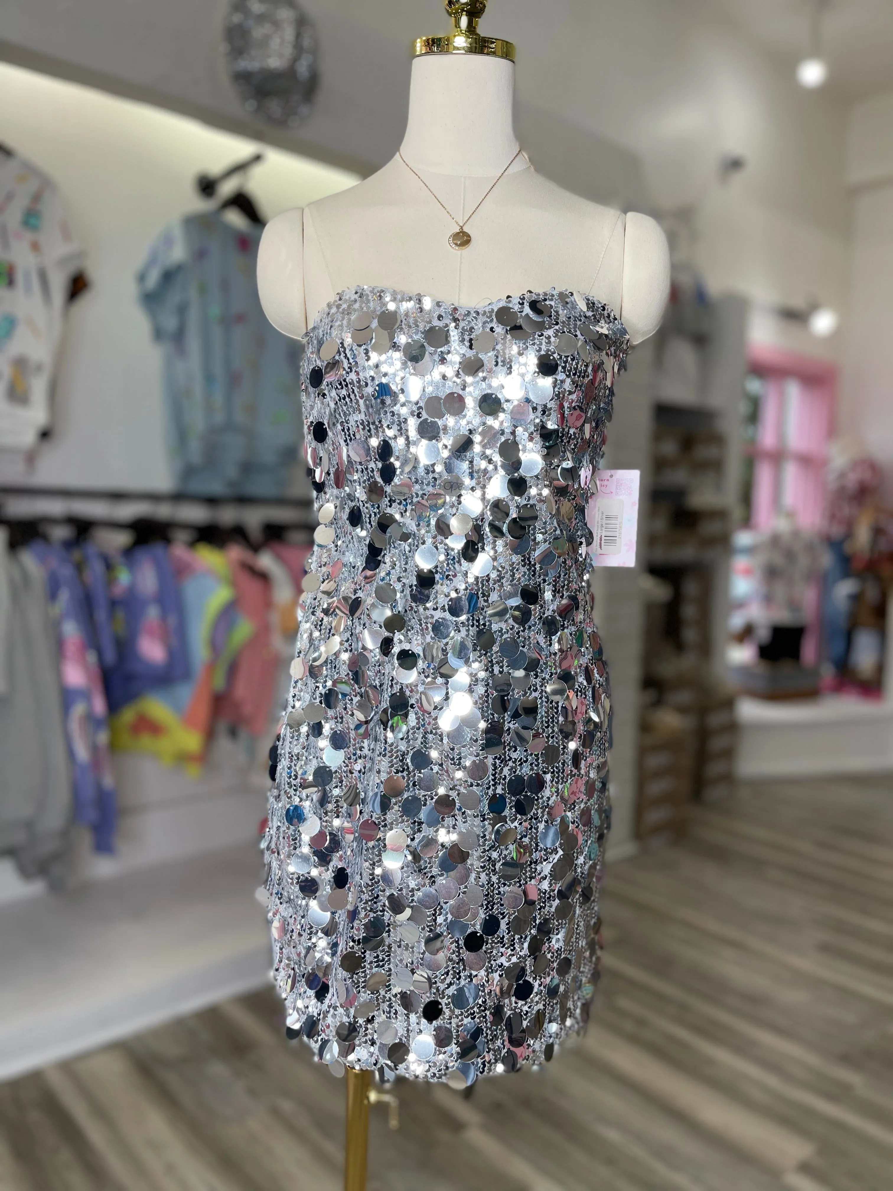 Else Strapless Multi Sequin Mini Dress Silver
