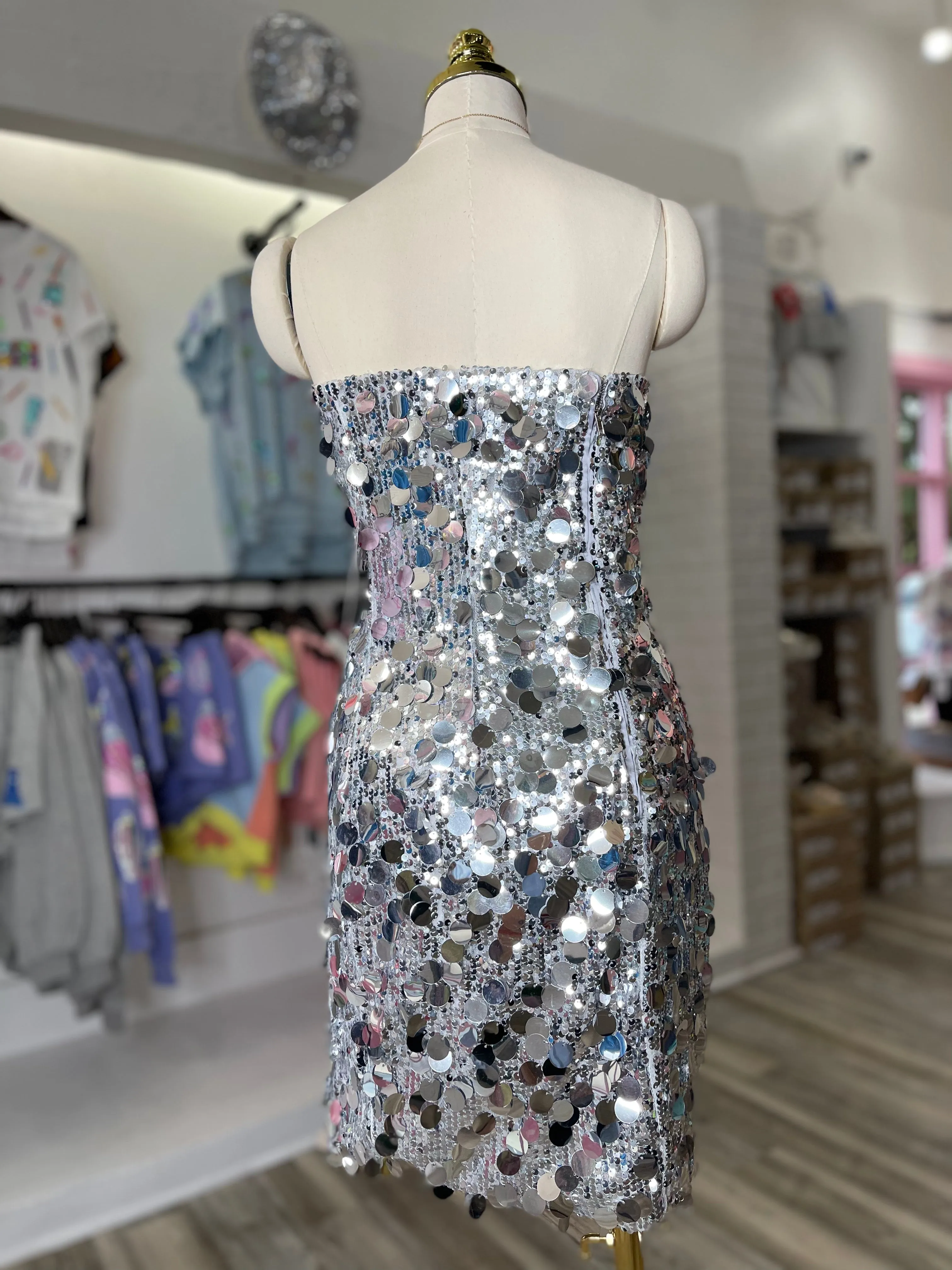Else Strapless Multi Sequin Mini Dress Silver
