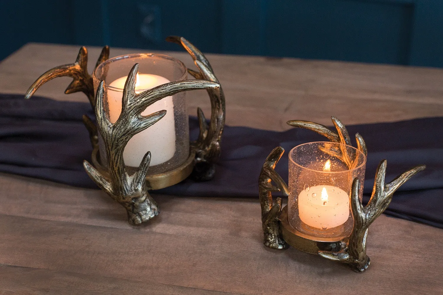 Eric   Eloise Antiqued Brass Metal Rustic Antler Candle Holder & Glass Votive - 2 Size Options