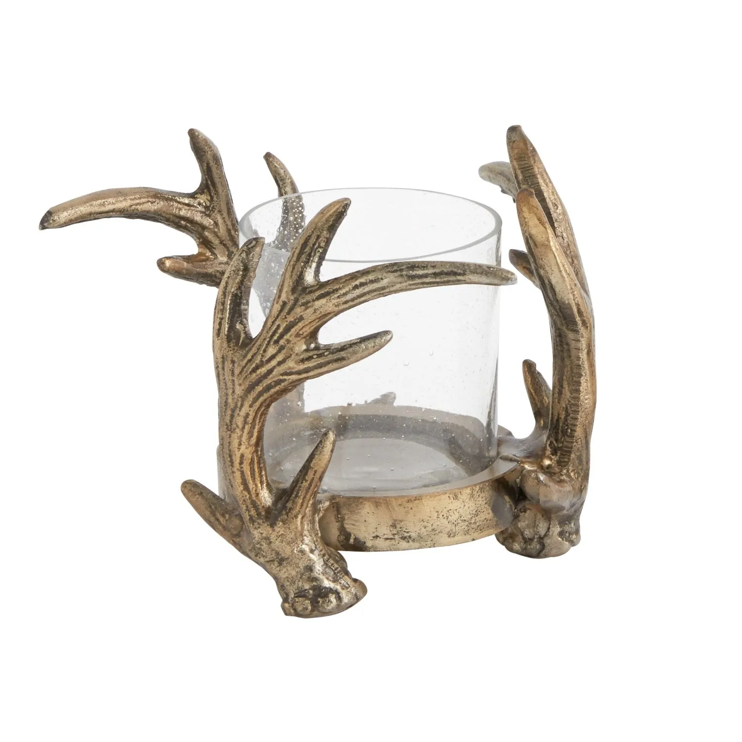 Eric   Eloise Antiqued Brass Metal Rustic Antler Candle Holder & Glass Votive - 2 Size Options