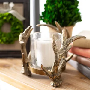 Eric   Eloise Antiqued Brass Metal Rustic Antler Candle Holder & Glass Votive - 2 Size Options
