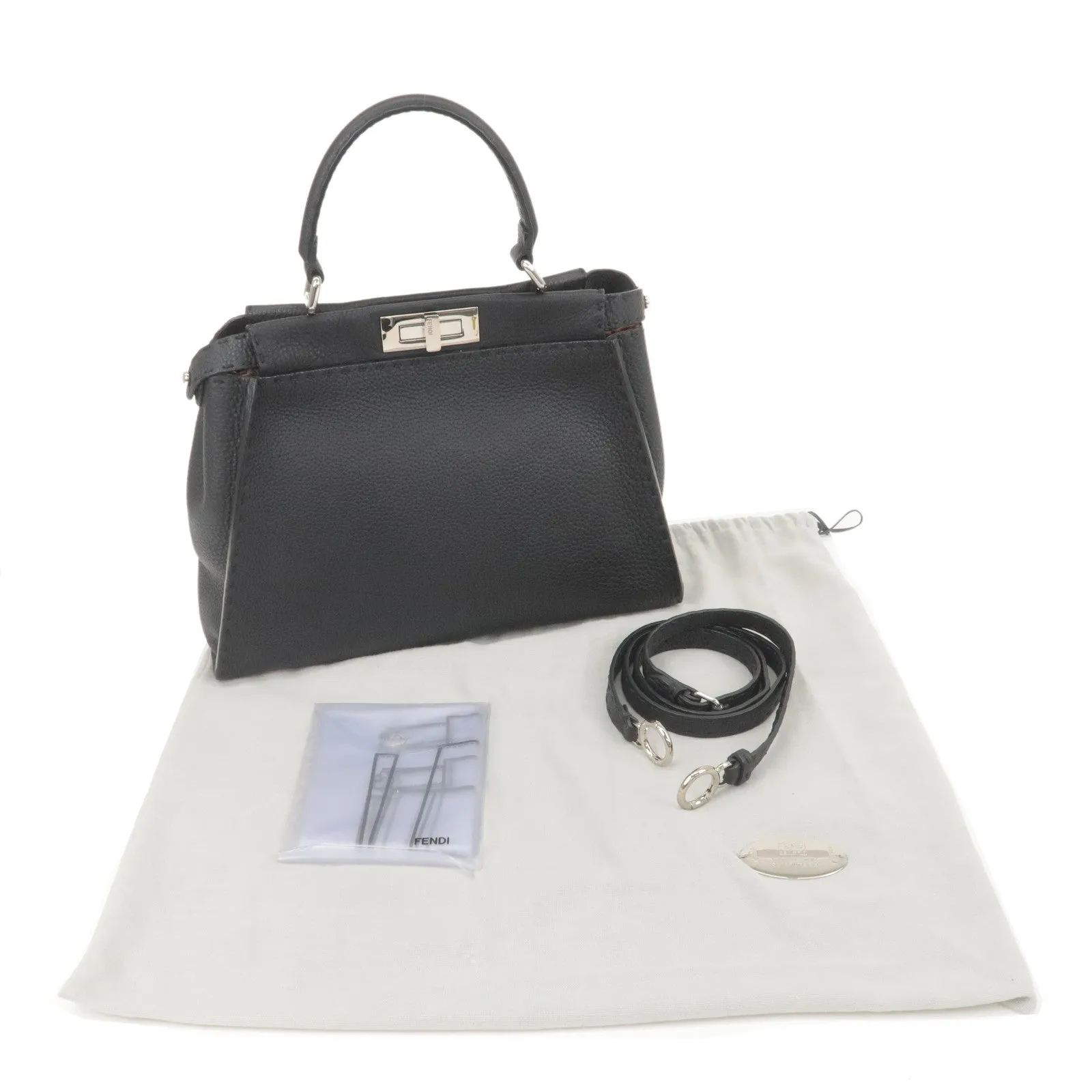 FENDI Selleria Peekaboo Regular Leather 2WAY Bag Black 8BN226