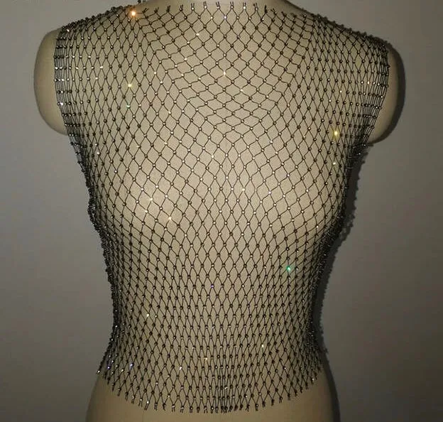 Festive Sheer mesh fishnet diamond rhinestone detail crop top