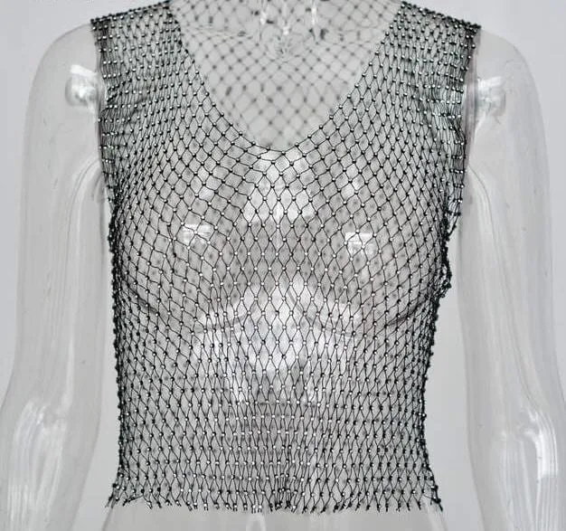 Festive Sheer mesh fishnet diamond rhinestone detail crop top