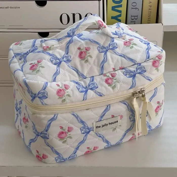 Floral Bow Fabric Makeup Bag / Clutch / Pouch